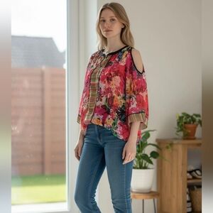 ECI Floral Cold-Shoulder Blouse in Bright Pink & Multicolor Size Large